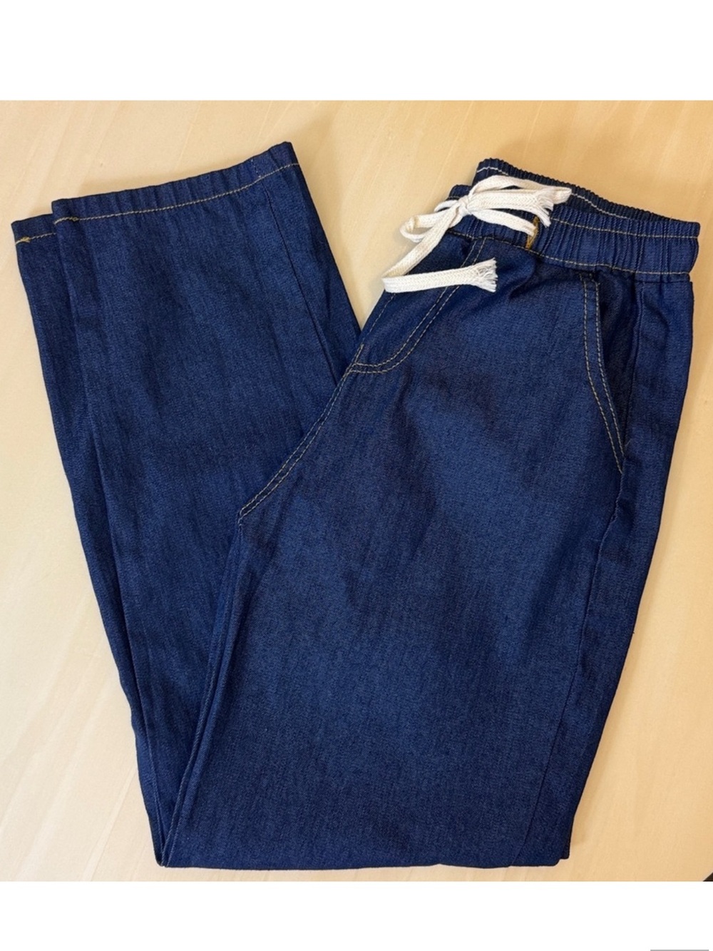 Blue Denim Jogger Pants with White Drawstring